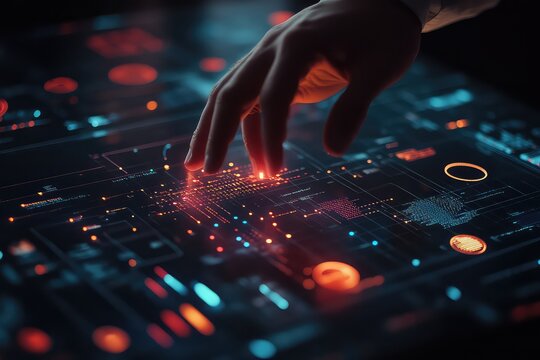 A businessmanâ€™s hand hovering over a floating cloud computing diagram with interactive data points.