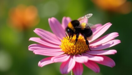 Bumblebee collecting pollen from globe daisy Globularia cordifolia L, nectar, yellow