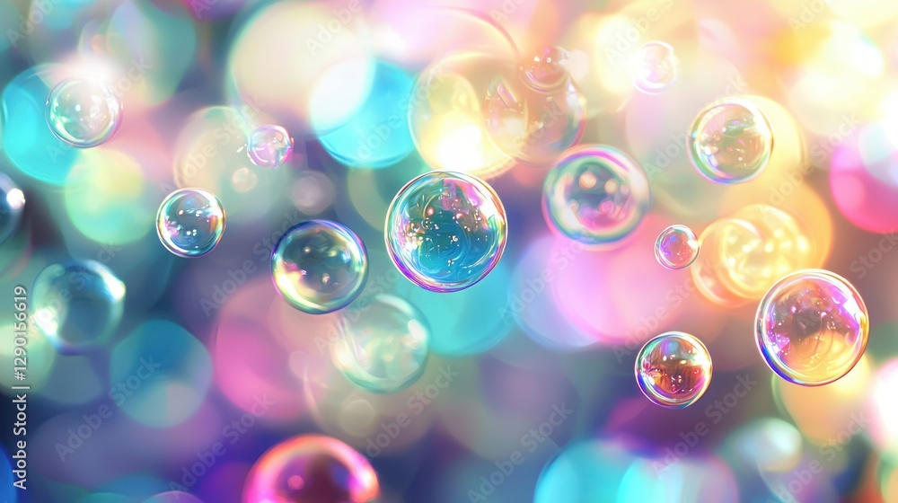 Poster ethereal soap bubbles floating iridescently in a vibrant abstract light spectrum background and drea