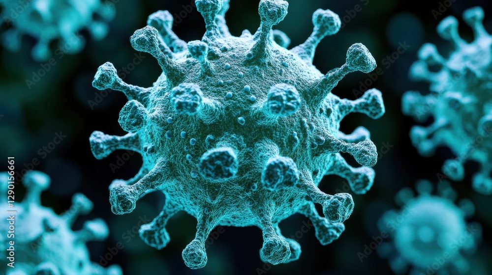 Poster microscopic view of virus structure with spiked proteins and detailed surface texture in dark backgr