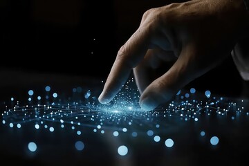 A businessmanâ€™s hand hovering over a floating cloud computing diagram with interactive data points.