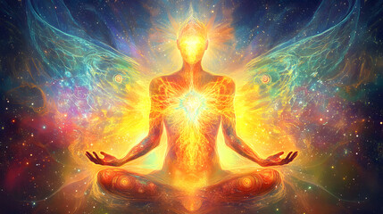 Woman meditating in a colorful galaxy surrounded by stars and cosmic elements