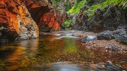 A peaceful stream running through a narrow canyon with vibrant red and orange rock walls