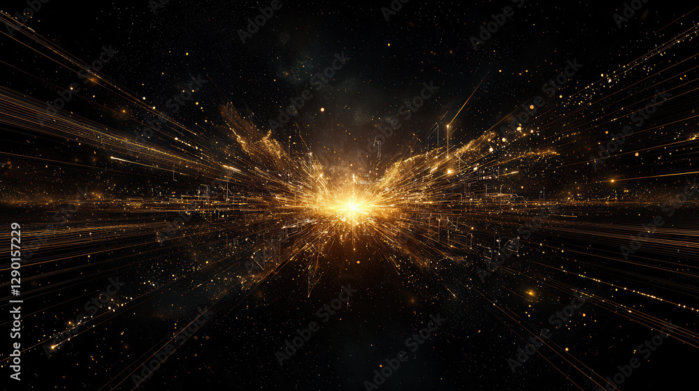 Poster abstract visualization of high speed data transfer with golden bursts and light trails, creating sen