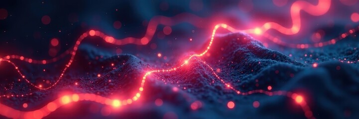 Interconnected glowing shapes, digital data streams, communication, lines