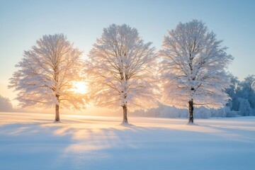 Fototapeta premium Sun shining through three snow covered trees in winter landscape