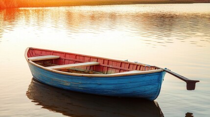 Obraz premium Serene lake scene featuring a vibrant blue rowboat bathed in the warm glow of a golden sunset light, calm water, and peaceful atmosphere