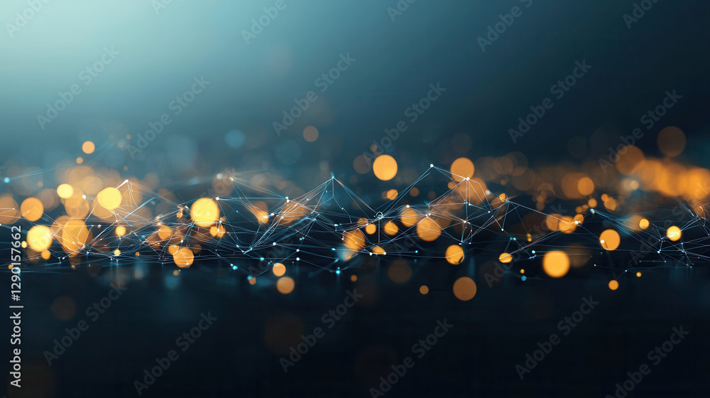 Poster stunning visualization of advanced iot network, showcasing interconnected nodes and glowing lights, 