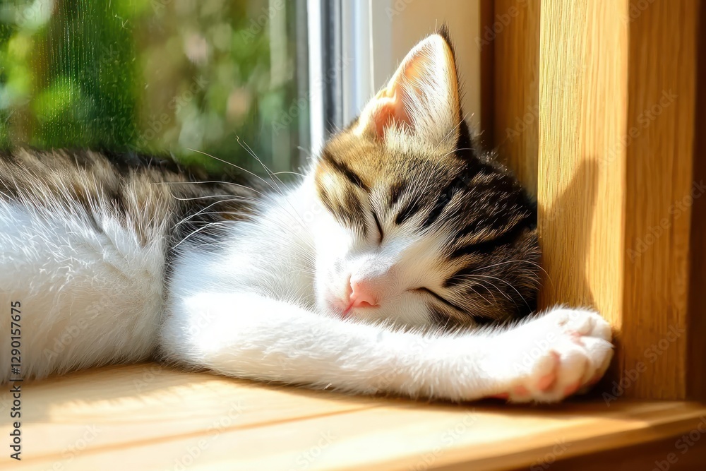 Poster adorable kitten peacefully napping by the window bathed in sunlight capturing a moment of serenity a