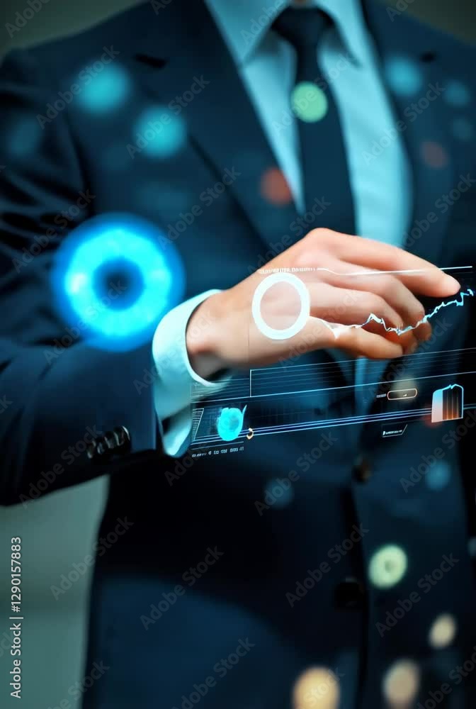 Poster man in business suit working with futuristic holographic interface. digital transformation concept w