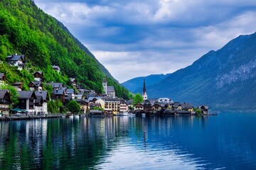Scenic Hallstatt village by the lake in Austria.