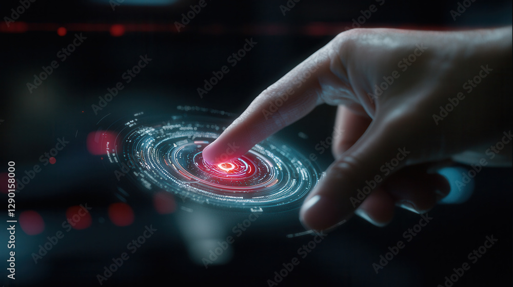 Poster hand interacting with futuristic augmented reality interface, showcasing advanced technology and dig