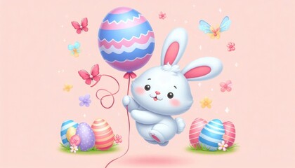 Obraz premium Cute Easter bunny in kawaii style flies with a colorful Easter egg balloon, surrounded by eggs, flowers, and butterflies on a green lawn under a pastel pink sky