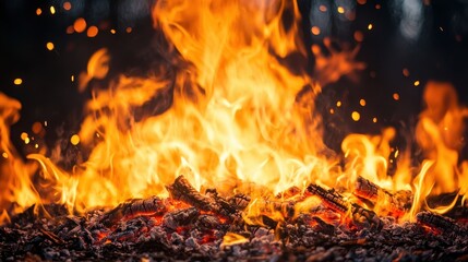 Fiery bonfire with glowing embers and sparks. Perfect for designs needing warmth, energy, or danger themes.