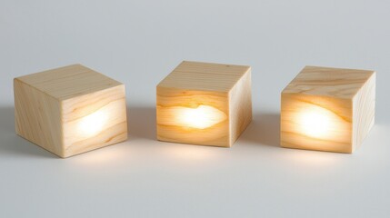 Three minimalist wooden cube lamps casting a warm glow on a white surface studio shot creating a cozy atmosphere with modern design and clean lines