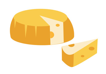 Large head of cheese and cut off piece. Food and traditional cuisine. Symbols and isolated vector illustration on white background. 