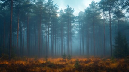 Obraz premium Fog arising in a mysterious pine forest at dawn