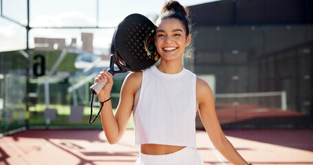Sports, padel and woman with racket on court for match practice, tournament workout and confidence. Tennis portrait, wellness and happy girl outdoor for fitness training, exercise or game performance