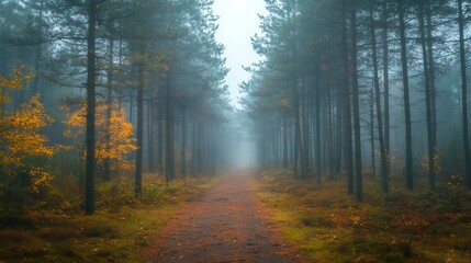 Obraz premium Path disappearing into the fog in an autumn forest