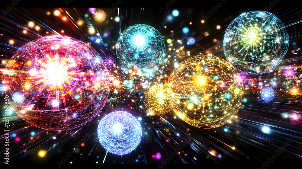 Poster abstract background featuring glowing spheres and lights in a vibrant color scheme with soft gradien