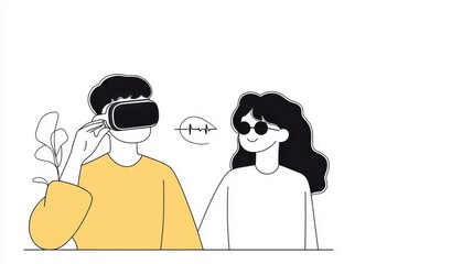 Fototapeta premium Healthcare Virtual Reality Therapies. A person using VR headset interacts with a friend in casual attire.