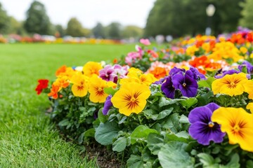 Obraz premium Vibrant Pansy Garden Bed in Full Bloom at Sunny Day Lush Green Lawn Backdrop Captivating Close Up Shot
