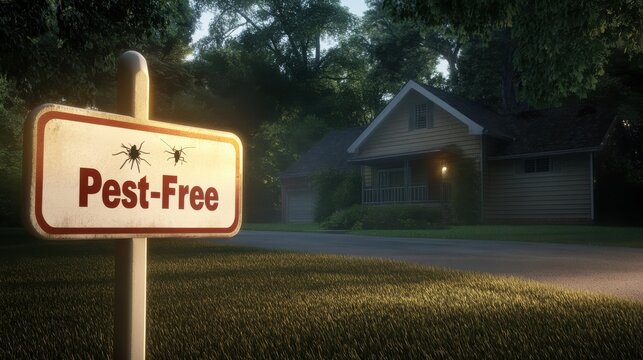 Peaceful Home Environment with Pest-Free Sign Surrounded by Lush Greenery and Soft Morning Light