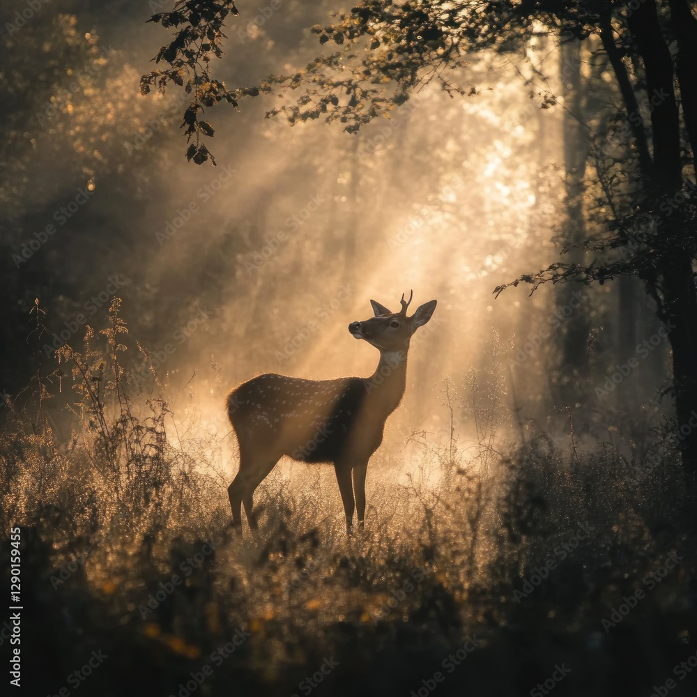 Poster serene dawn light illuminates a solitary deer in a misty forest glade creating a tranquil and enchan