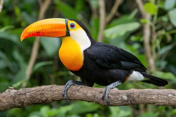 Obraz premium Striking toucan perched gracefully on a branch against lush green foliage in a tropical setting vibrant colors detailed feathers