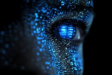 Close-up of a human eye with a digital data visualization overlay, showcasing technology and innovation