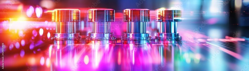 Poster electronic components on circuit board illuminated with colorful lights and reflections for technolo