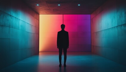 Silhouetted man in suit, neon-lit tunnel