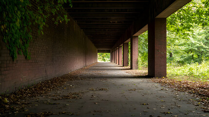 Fototapeta premium Long Brick Tunnel Pathway with Autumn Leaves