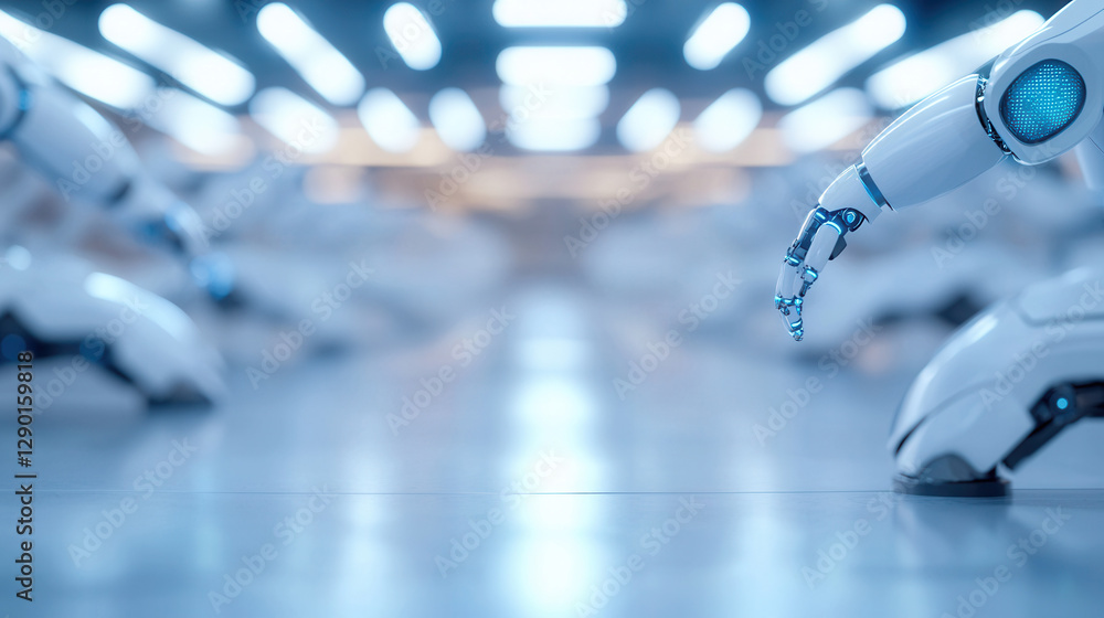 Poster futuristic robotics scene featuring streamlined mechanical arms in high tech environment, showcasing