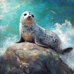 Obraz premium Serene Seal Portrait on Coastal Rock a Captivating Marine Scene with Tranquil Water and Artistic Brushstrokes