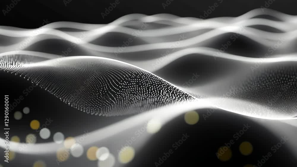 Poster waves of light form fluid patterns in a black and white abstract digital design