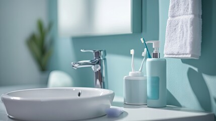 A bathroom counter with dental floss, mouthwash, and toothpaste arranged neatly.