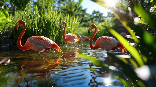 Graceful flamingos wading in a serene pond reflecting sunlight through lush greenery creating a tranquil scene of tropical wildlife