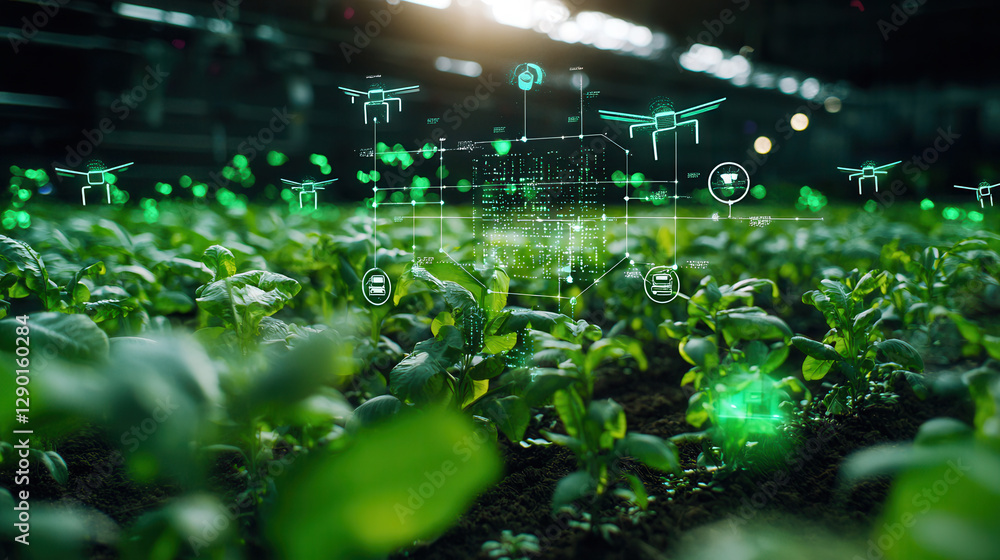 Poster futuristic smart agriculture system with drones monitoring crops and data visualization. this innova