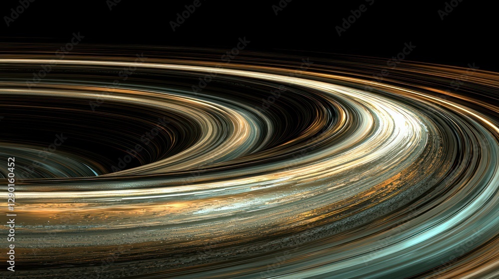 Poster abstract vortex of swirling metallic lines with gold and teal hues creating a mesmerizing tunnel eff