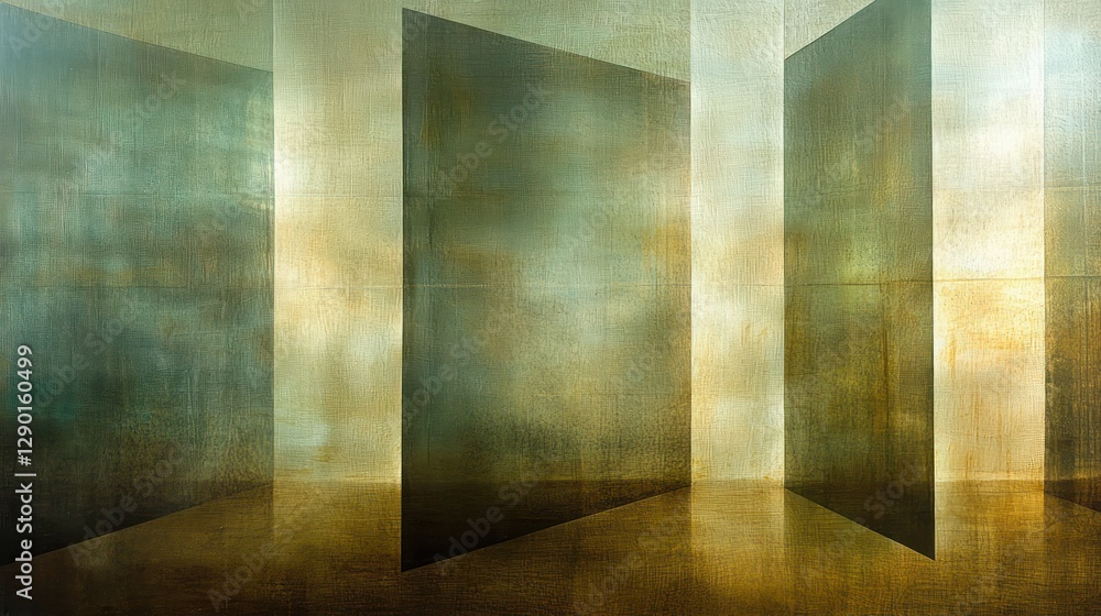 Aufkleber abstract geometric composition with vertical shapes in muted green and gold tones creating a modern 