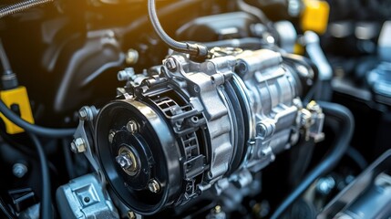Obraz premium A car engine with a focus on the AC compressor unit.