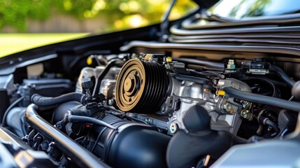 Fototapeta premium A car engine with a focus on the AC compressor unit.