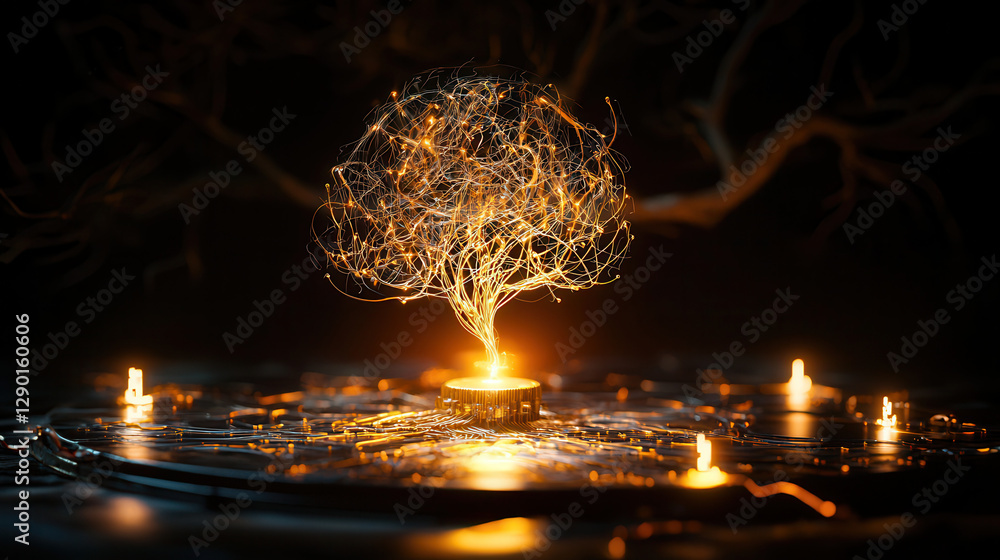 Poster glowing tree made of light and wires symbolizes innovation and technology. intricate design showcase