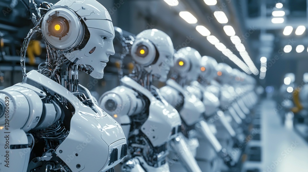 Poster array of sleek humanoid robots in automated factory embodying advanced tech industrial future