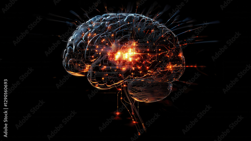 Poster innovative artificial intelligence brain with glowing circuits and sparks