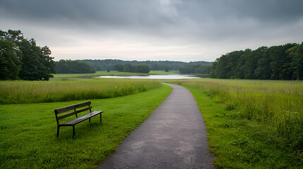 Serene Park Landscape with Bench and Path
