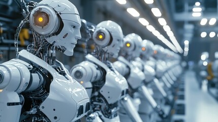 Fototapeta premium Array of sleek humanoid robots in automated factory embodying advanced tech industrial future
