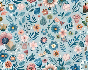Beautiful Floral Pattern with Blue and Pink Flowers on a Light Blue Background
