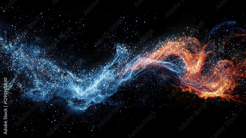 Poster dynamic energy collision of blue and orange particles in space abstract cosmic background with swirl